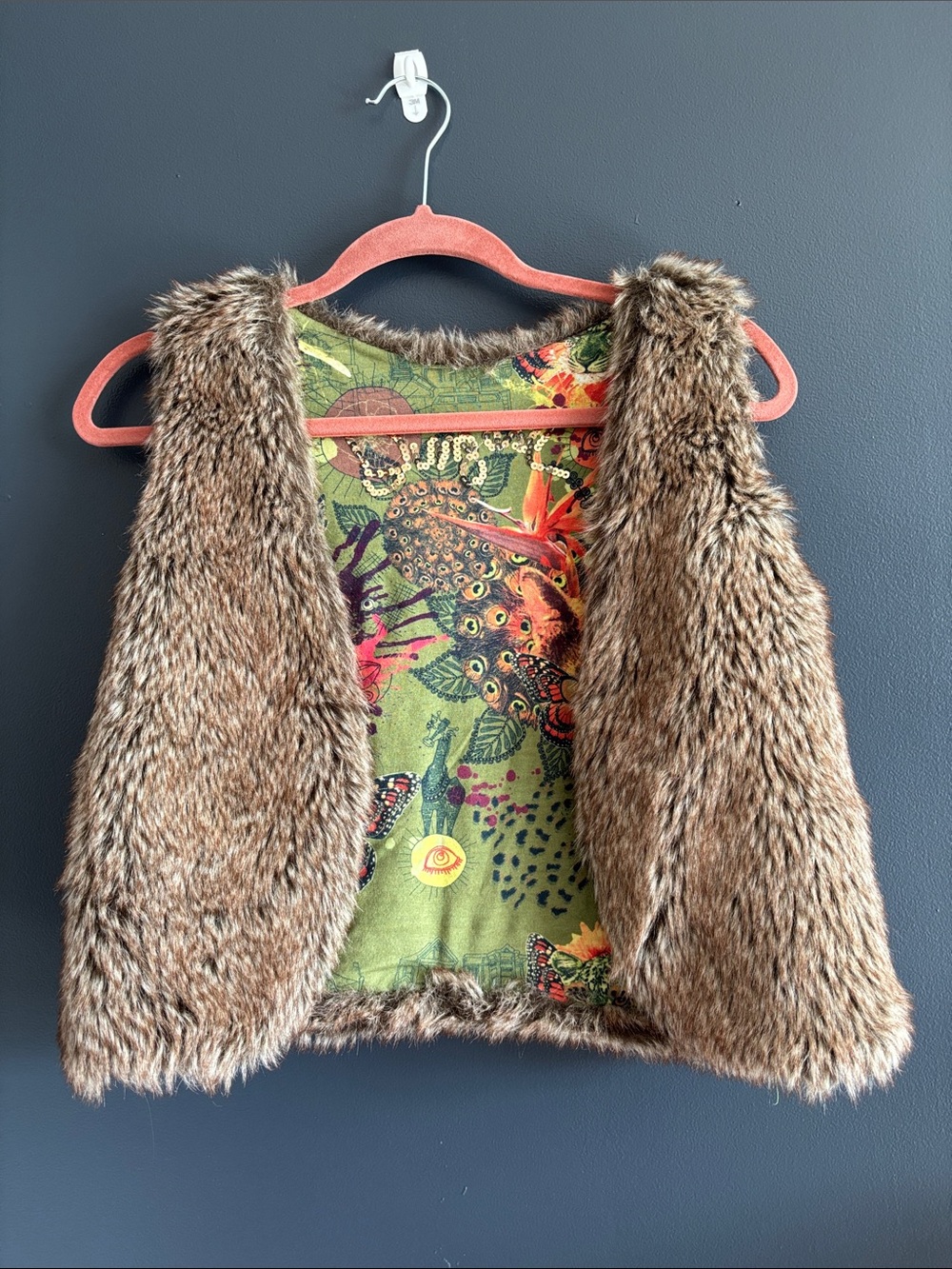 Desigual Brown Faux Fur Vest with Green Printed Lining